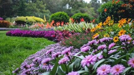 Canvas Print - A garden with a variety of flowers including purple and yellow