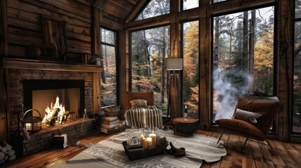 Canvas Print - A cozy living room with a fireplace, a rug, and a chair