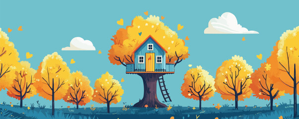 Wall Mural - Whimsical treehouse nestled among tall trees. Vector flat minimalistic isolated illustration.