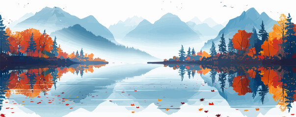 Wall Mural - A serene mountain lake reflecting the colorful autumn leaves of surrounding trees. Vector flat minimalistic isolated illustration.