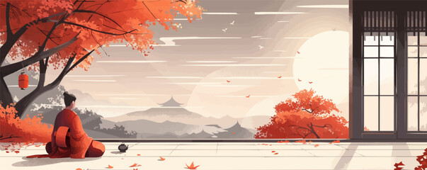 Wall Mural - Zen master imparting ancient wisdom in a serene monastery. Vector flat minimalistic isolated illustration.