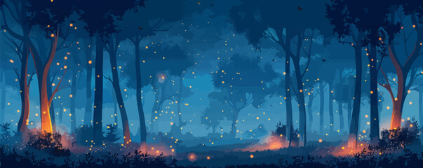 Magical forest with fireflies at night Vector flat minimalistic isolated illustration