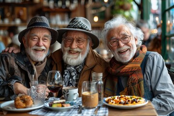 Three elderly men, joyfully smiling, are enjoying a meal with drinks at a cozy and lively cafe with warm lighting, exuding friendship and happiness.