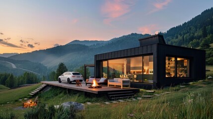 Canvas Print - Modern Cabin with Mountain View