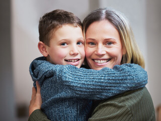 Wall Mural - Smile, hug and portrait of mom with child in home together for support, growth and development. Love, embrace and happy face of proud mother with son for care, trust and family bonding in apartment.