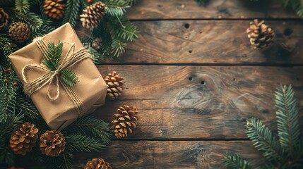 Poster - Charming Christmas Gift on Rustic Wooden Table - A beautifully wrapped gift surrounded by pinecones and evergreen branches on a wooden surface, symbolizing holiday cheer and seasonal beauty.