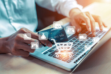 Customer open hologram graphic interface controlling device choosing online platform. Smart consumer touch gadget open e-commerce application using cashless technology shopping inventory. Cybercash.