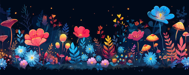 Wall Mural - Magical fairy garden with glowing flowers and mushrooms Vector flat minimalistic isolated illustration