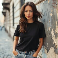 A woman in a black shirt and jeans stands in front of a wall. She has long brown hair and is smiling