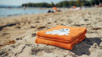 a beach orange towel with a cute ghost placed on the sand in the beach in summer time, summerween concept