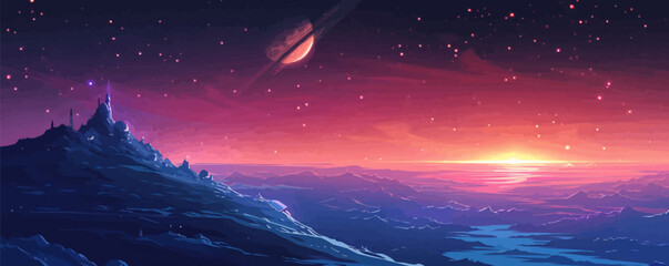 Wall Mural - sci-fi space station orbiting a distant planet. vector flat minimalistic isolated illustration.