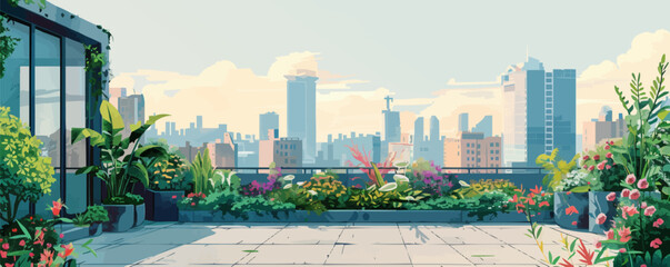 Wall Mural - Urban rooftop garden with city views Vector flat minimalistic isolated illustration