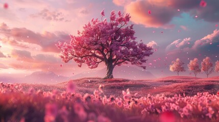 Poster - Cherry Blossom Tree in a Field of Pink Flowers at Sunset