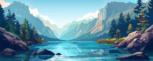 Wall Mural - Serene mountain landscape with rocky cliffs and a clear stream Vector flat minimalistic isolated illustration