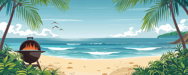 Sticker - Tropical beach scene with a beachside barbecue Vector flat minimalistic isolated illustration