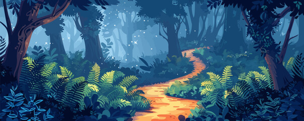 Wall Mural - A mystical forest path winding through ancient trees and ferns. Vector flat minimalistic isolated illustration.