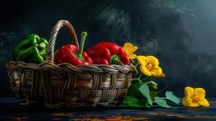 Wall Mural - Fresh Peppers and Yellow Flowers in a Wicker Basket