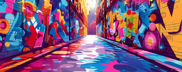 Wall Mural - Urban graffiti alley with vibrant street art Vector flat minimalistic isolated illustration