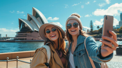 Two friends taking selfies in front of a famous landmark