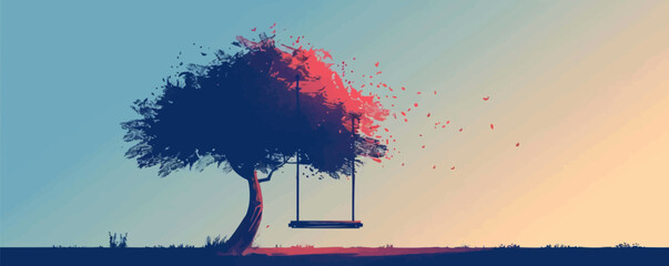 Wall Mural - Swing hanging from a tall tree branch. Vector flat minimalistic isolated illustration.