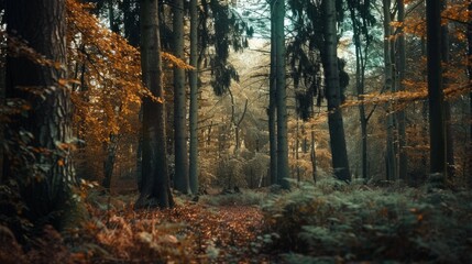 Canvas Print - A forest with trees in the background and a path in the foreground