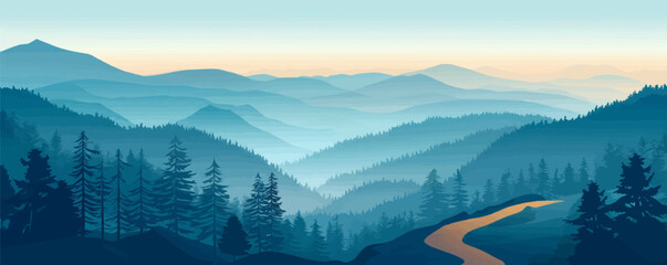 Wall Mural - Serene mountain landscape with a winding hiking trail. Vector flat minimalistic isolated illustration.