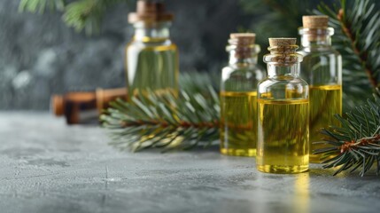 Sticker - Bottles of conifer oil on grey table with empty space for text