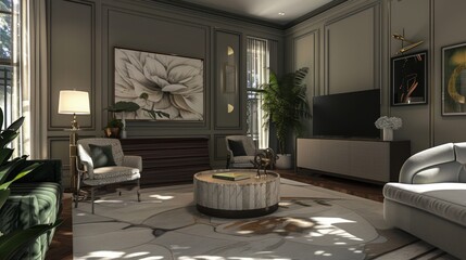 Poster - A living room with a large white rug, a coffee table, and a television