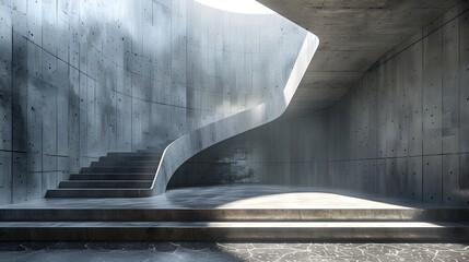 Wall Mural - a modern architectural interior featuring a sweeping staircase and textured concrete walls bathed in