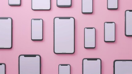 Canvas Print - Cellphones in varying sizes on pink backdrop illustrating the concept of small or large phones with mockup screens for showcasing responsive design