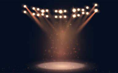 Poster - Stage spotlight. Bright colorful rays of light from spotlights with empty space for the stage. Beautiful template for presentation of promotions, awards, gambling, web design.