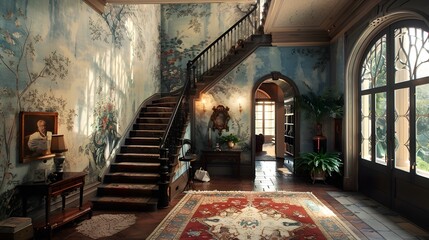 Wall Mural - A beautifully decorated entryway featuring an elegant staircase, vintage wallpaper, and rich wooden accents, creating a warm and inviting atmosphere.