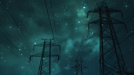 Silhouetted power lines against a night sky filled with stars