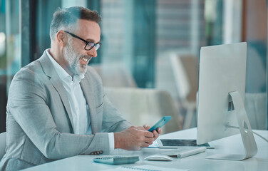 Poster - Phone, communication and mature businessman in office with smile for email with investment profit. Happy, computer and male financial manager with budget report for finance revenue in workplace.