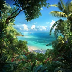 Poster - A tropical beach with palm trees and a blue ocean