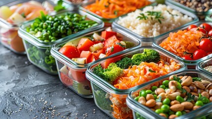 Colorful and healthy meal prep containers filled with a variety of fresh vegetables, beans, and grains ready for a nutritious diet.