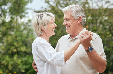 Poster - Outdoor, love and senior couple with dancing for anniversary, celebration and care in marriage. Married people, man and woman with happiness for hug, connection and bonding with romance in retirement