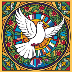 White dove flying against a colored mosaic church stained glass window