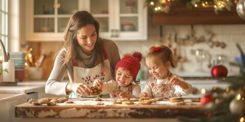a mother and her children bake christmas cookies in a festive kitchen, creating joyful holiday memor
