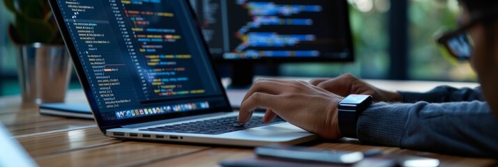 Wall Mural - A web developer sits at a desk and types code on a laptop, with open HTML and CSS files visible on the screen