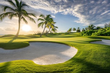 A photo of a golf course in the Caribbean, with green grass, the green and flag, and a sand bunker in the background, palm trees. Golf and leisure concept.