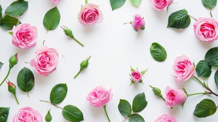 Wall Mural - Pink roses and green leaves frame on white background. Flat lay, top view.