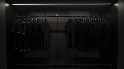 Wall Mural - Black T-shirts hanging in a dark closet