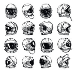 Wall Mural - astronaut helmet engraving style icon set low detailed line sketch crisp contours white background i