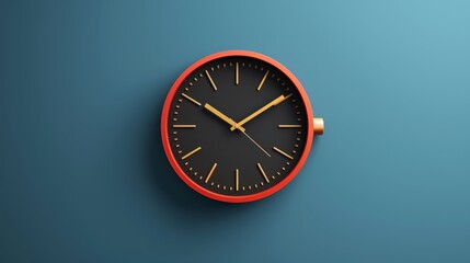 Modern wall clock with red frame and black dial on blue background.