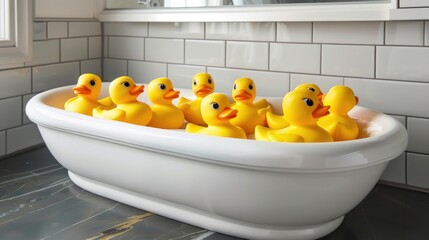 Wall Mural - Rubber ducks in white tub