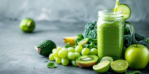 Wall Mural - Glass jar mugs with green health smoothie, kale leaves, lime, apple, kiwi, grapes, banana, avocado, lettuce. Copy space. Raw, vegan, vegetarian, alkaline food concept