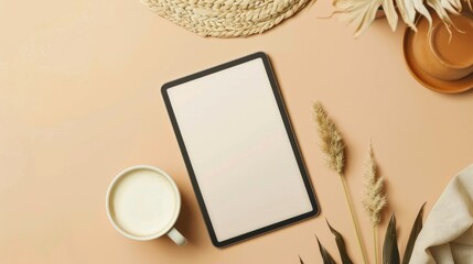 Poster - Blank screen tablet on beige background viewed from above
