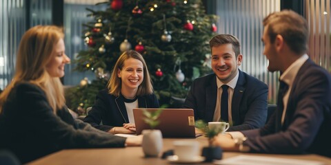 Poster - Winter brings professionals together in a joyful office meeting, fostering collaboration with a holiday spirit. Festive decorations create a merry atmosphere, enhancing teamwork and networking