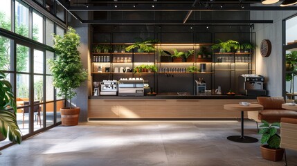 Wall Mural - A captivating digital isolated office background with a comfortable cafe area within the office, complete with coffee machines, lounge seating, and a relaxed and social space for employees